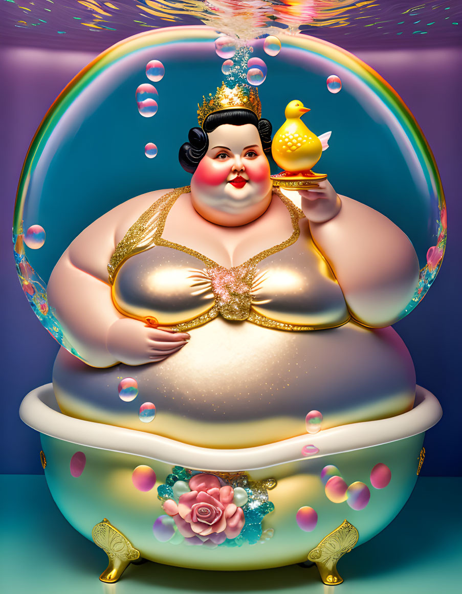 Cheerful character in bathtub with rubber ducky and bubbles