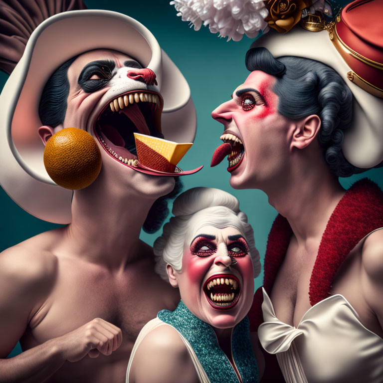 Surreal theatrical makeup on stylized individuals with an orange slice against teal background