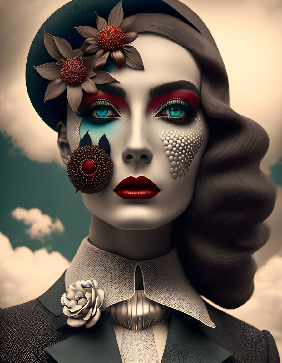 Woman's portrait with artistic makeup, textured adornments, vintage hairstyle, floral elements, ruffled collar