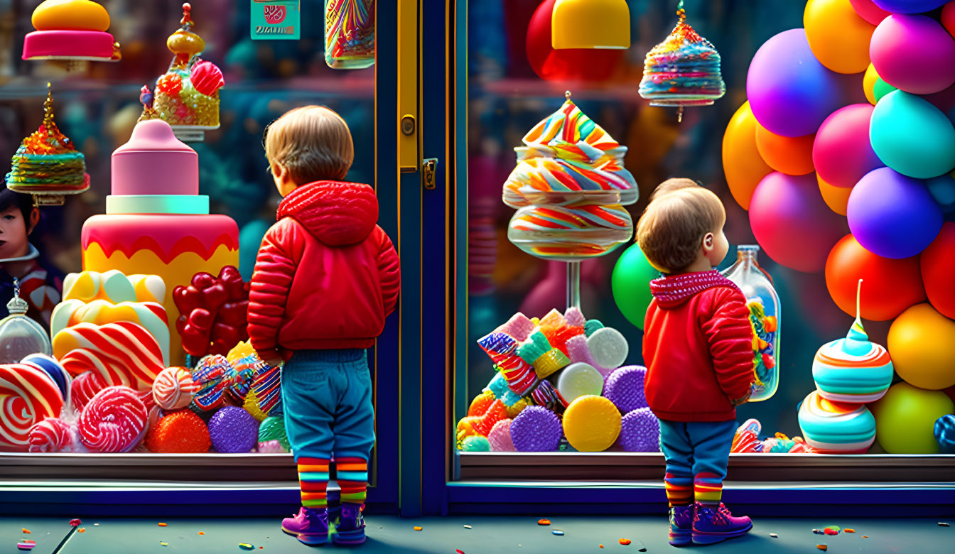 Children mesmerized by vibrant candy store window display.