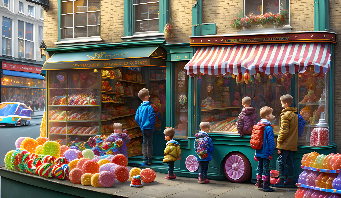 Vibrant candy shop scene with colorful sweets and children.