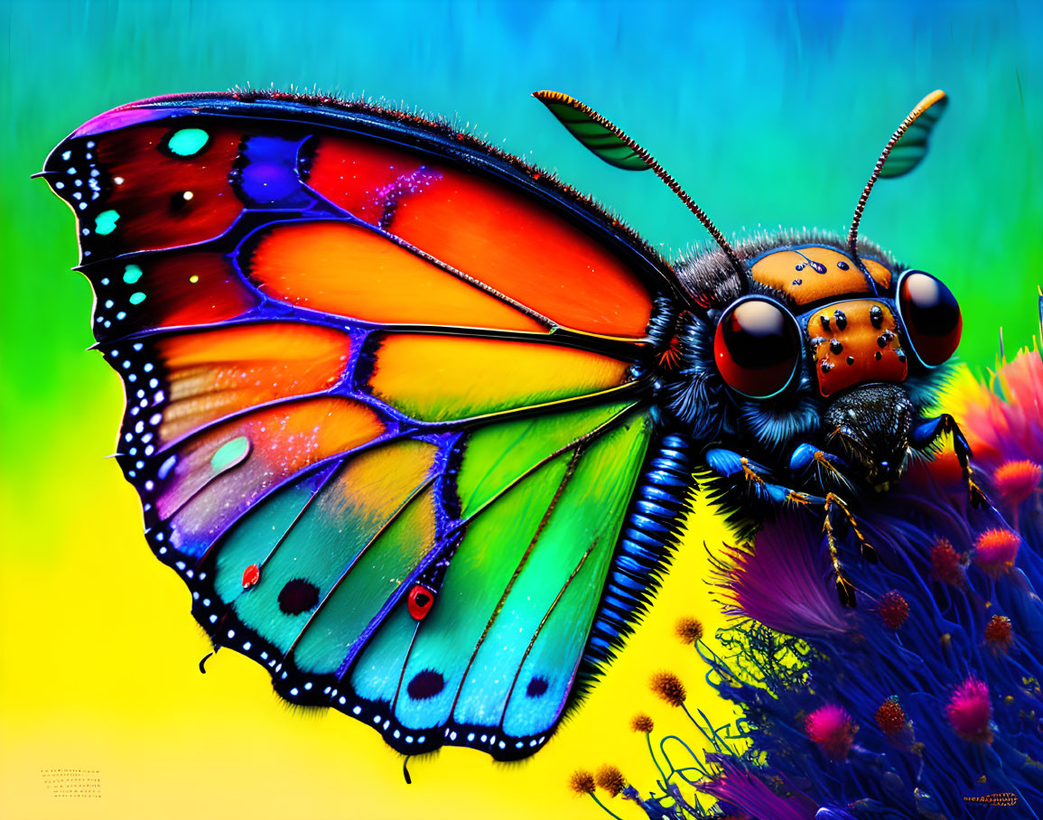 Colorful Butterfly Artwork with Detailed Wings and Flowers on Vibrant Background