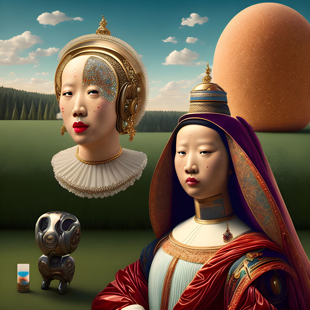 Surreal portrait: Renaissance attire meets futuristic elements with ornate headdresses and metallic dog