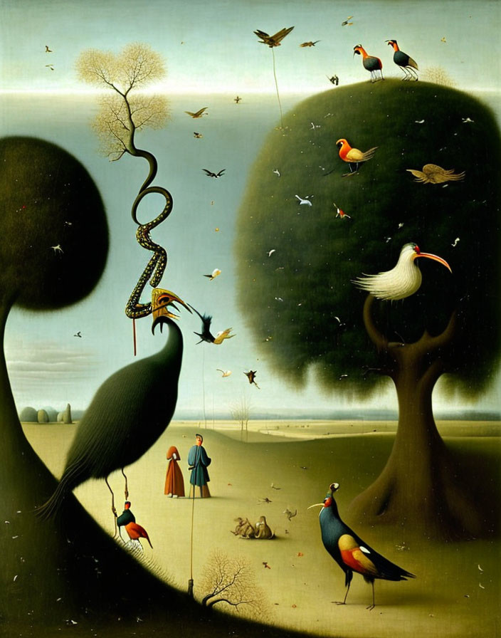 Surreal Painting: Stylized Birds, Snake, Figures in Cloaks