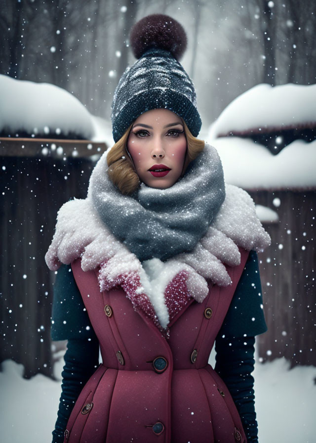 Woman in winter coat and scarf in snowy scene with knit hat