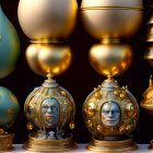 Ornate bust sculptures of a bearded man among gold decors and books on red background