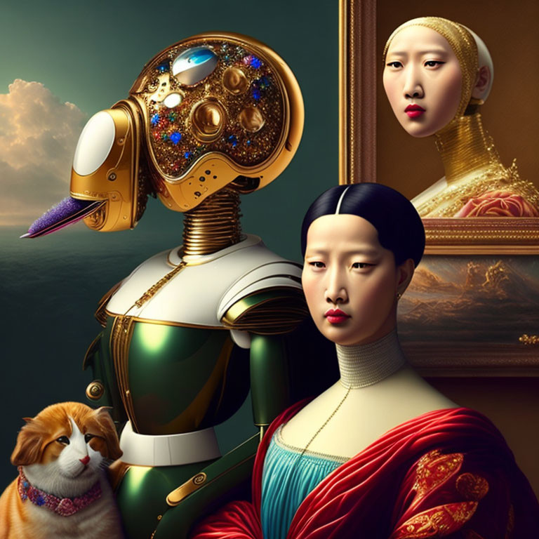 Surreal steampunk robot, renaissance women, orange cat on golden seascape