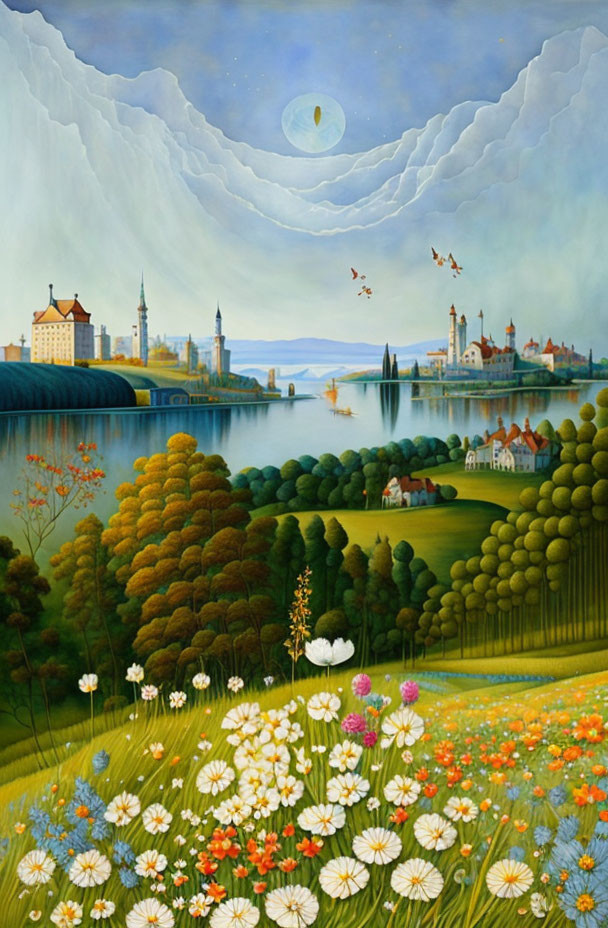 Colorful Painting of Whimsical Landscape with Castle, Lake, and Moon