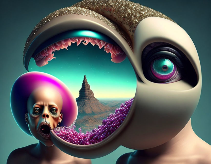 Surreal Artwork: Large Eye and Mouth with Figure and Mountain on Teal Background