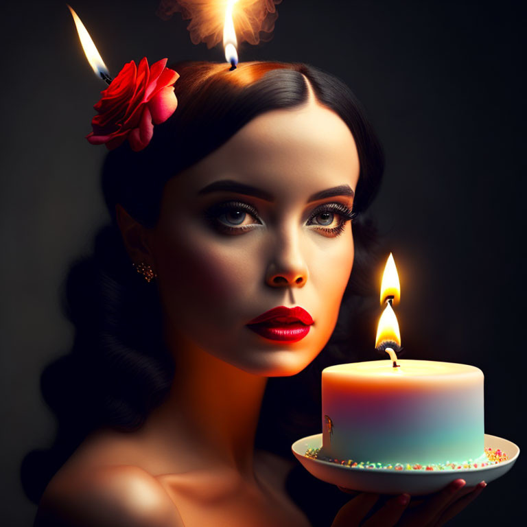 Woman with red flower in hair gazing at candle on cake in dark ambiance