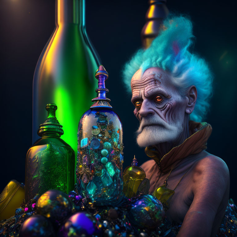 Whimsical elderly character with blue hair surrounded by vibrant glass bottles and colorful orbs