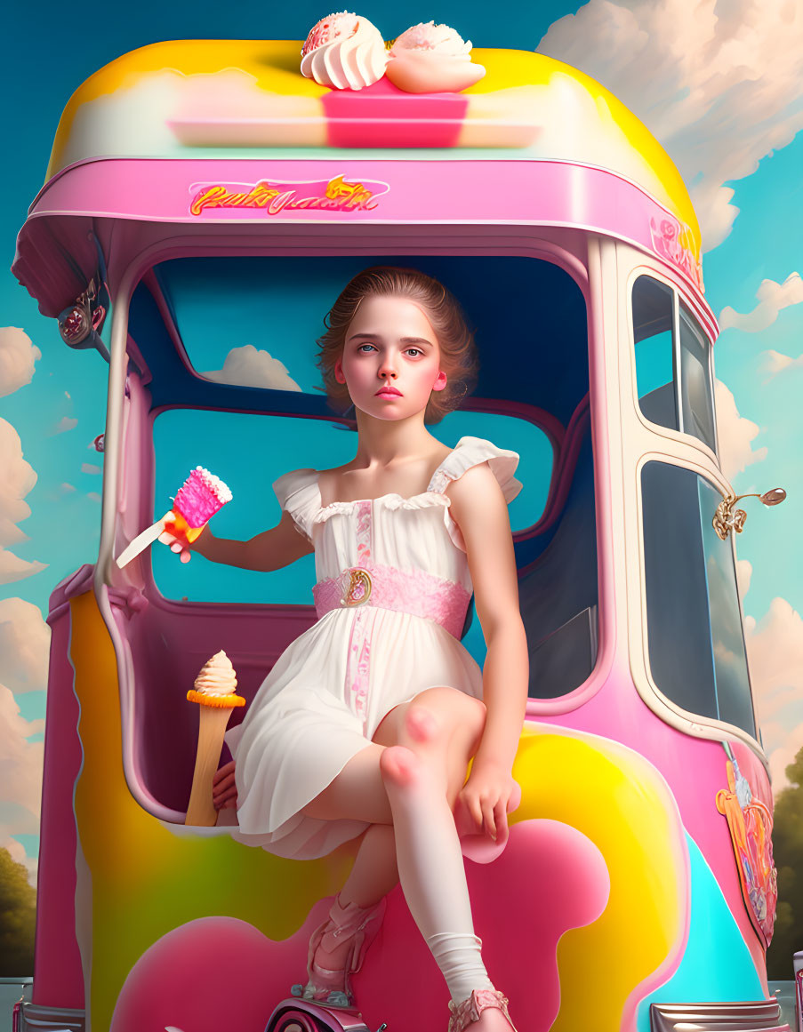 Girl in White Dress with Lollipop by Candy-Themed Bus