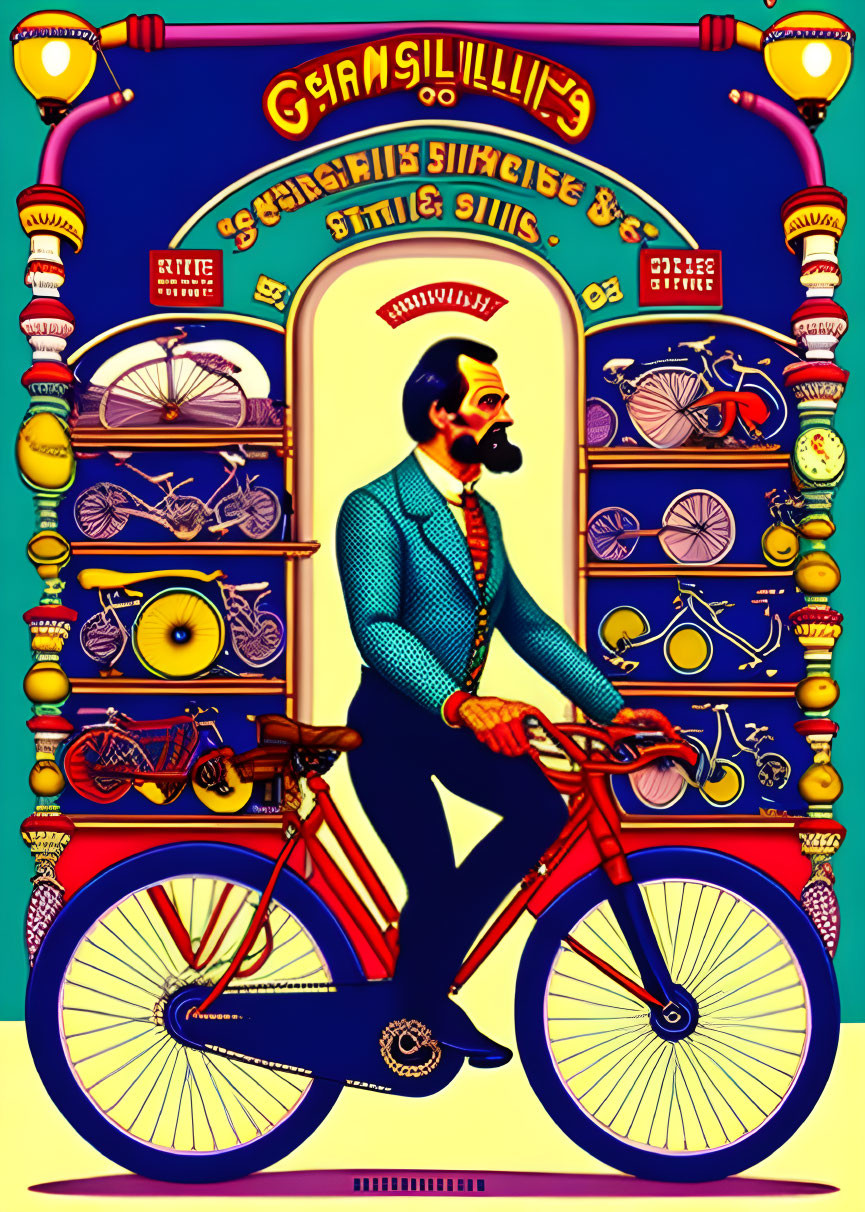 Vintage Style Colorful Poster: Man with Mustache Riding Red Bicycle