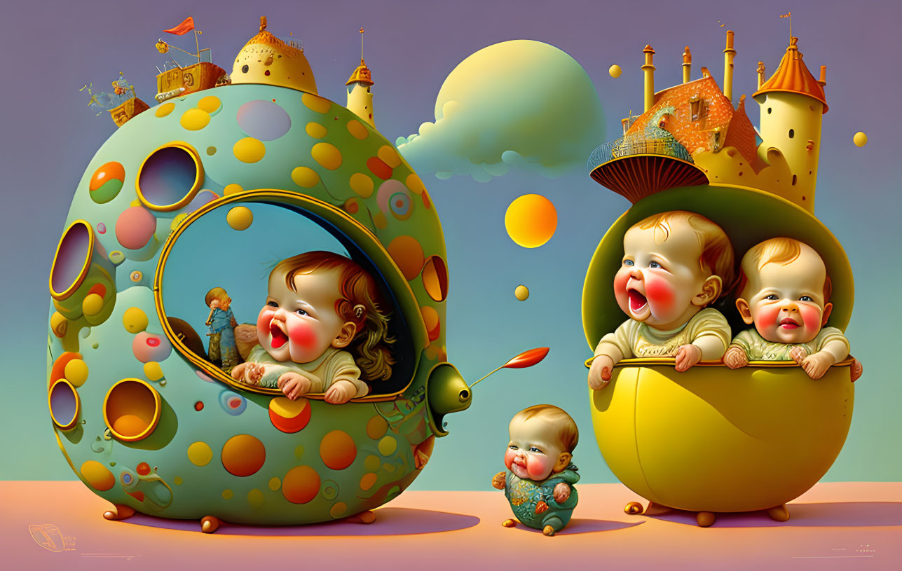 Whimsical surreal artwork with oversized baby heads in colorful setting