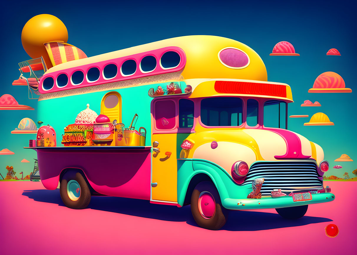 Vibrant retro-futuristic ice cream truck with oversized sweets in whimsical illustration