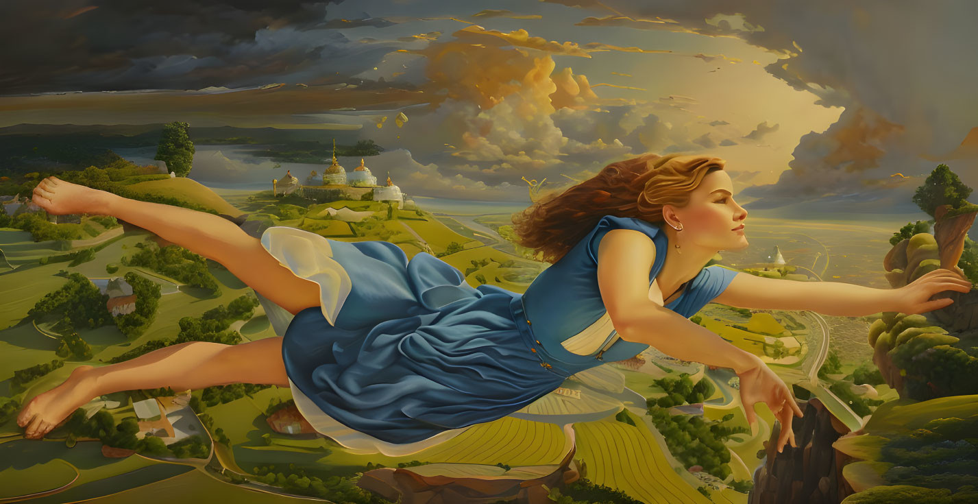 Young Woman in Blue Dress Soars over Fantastical Landscape