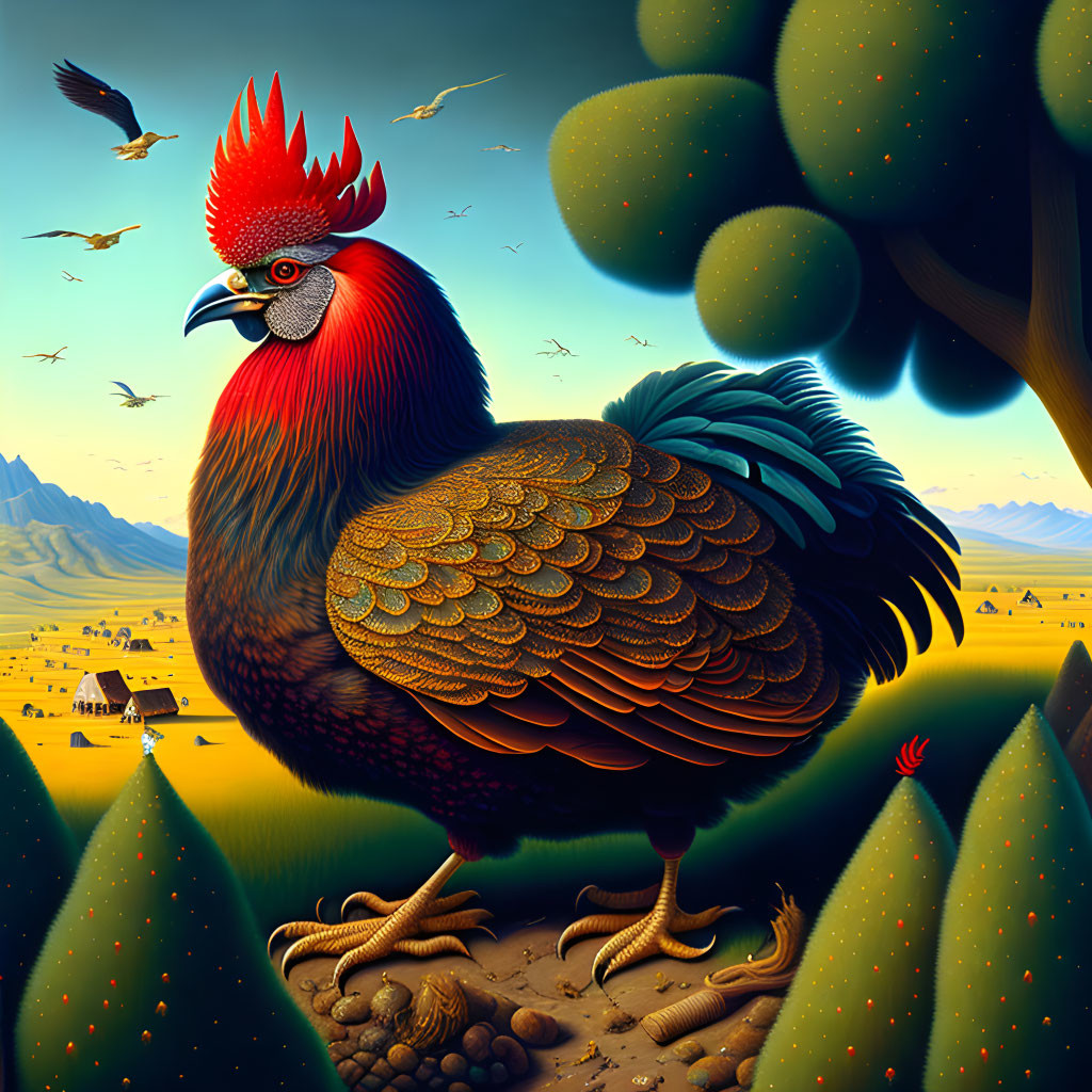 Colorful Stylized Rooster in Surreal Landscape with Rounded Trees