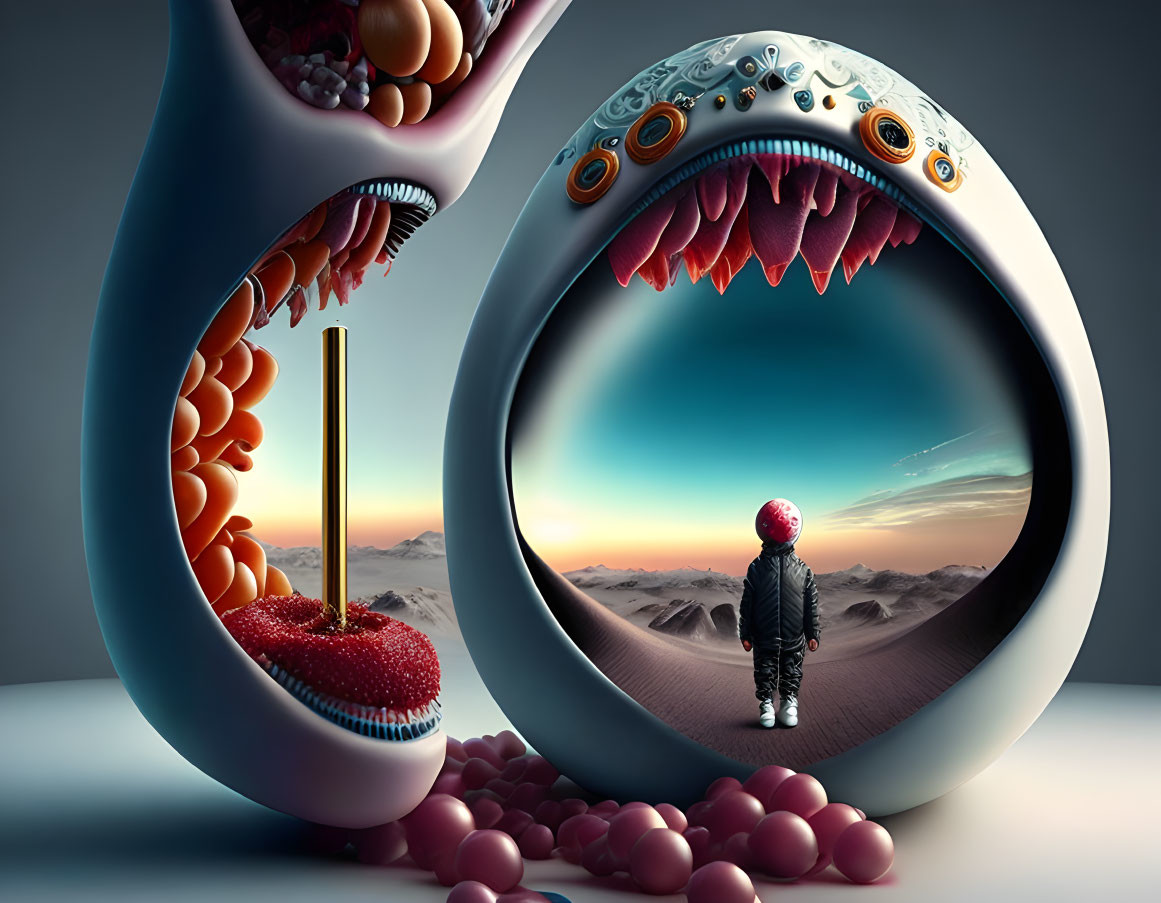 Whimsical surreal scene with giant creatures and candy landscape