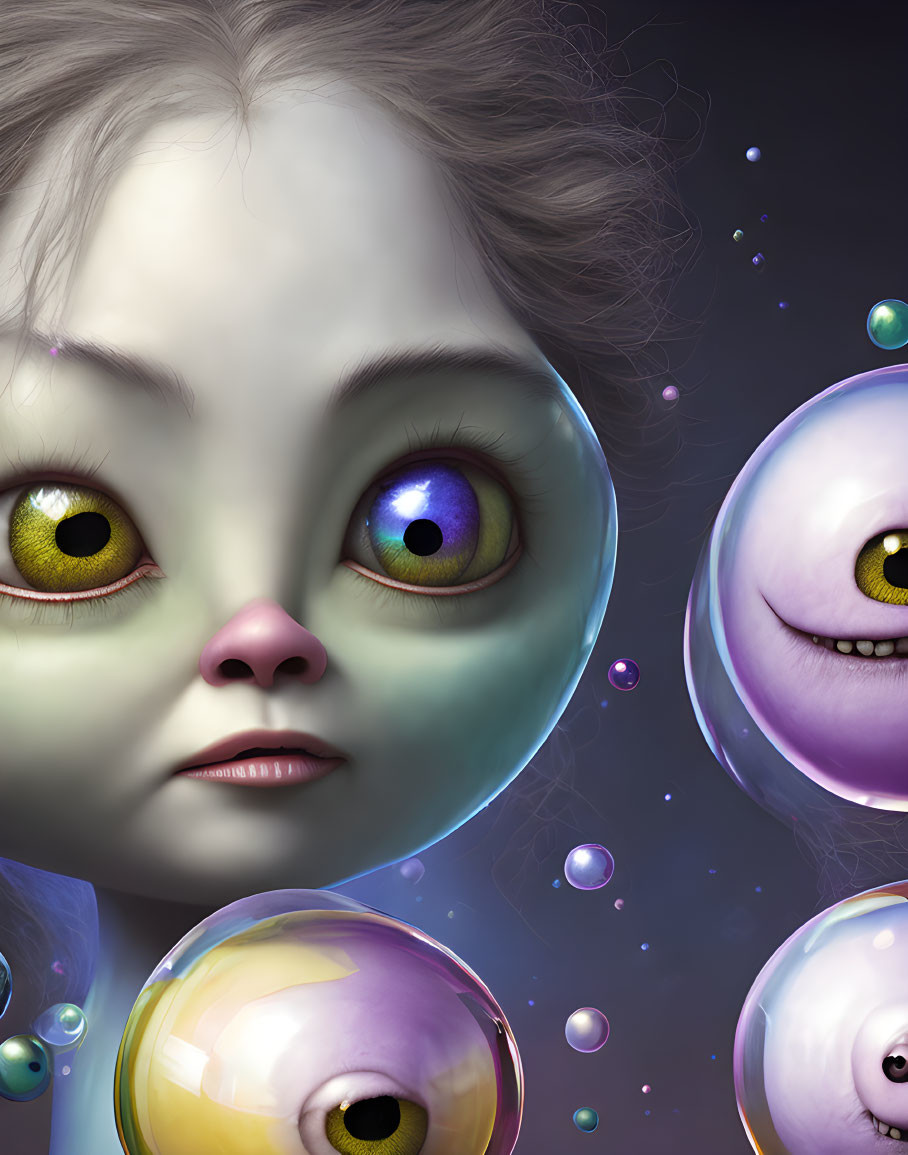 Illustration of Character with Large Expressive Eyes and Whimsical Floating Orbs