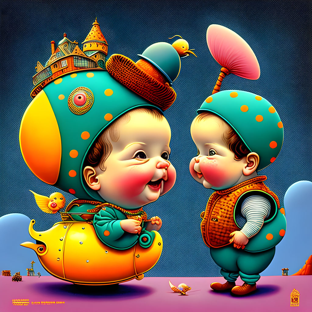 Colorful Stylized Babies in Whimsical Costumes with Castle and Sun Motifs