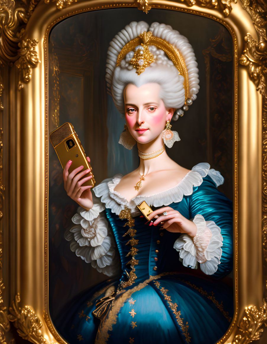 Classical portrait with woman in 18th-century attire and smartphone