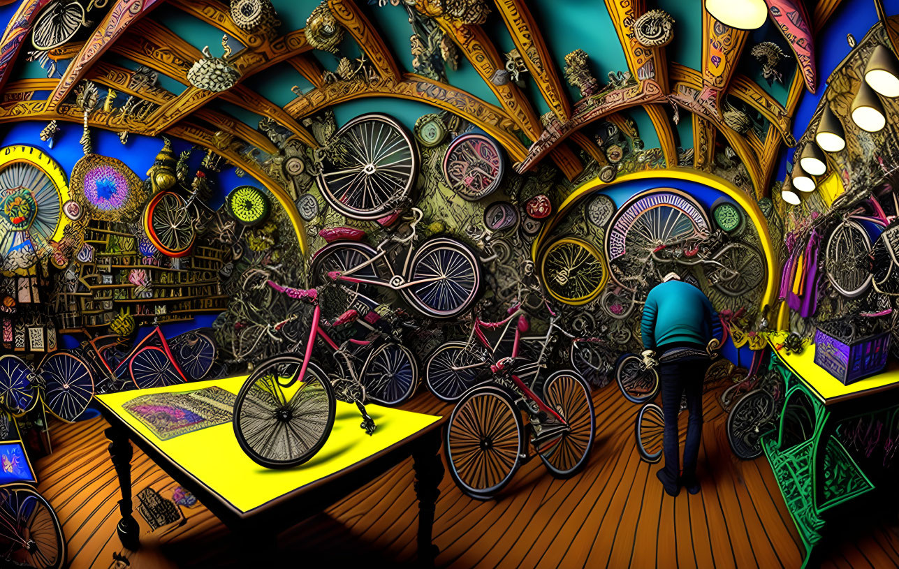 Colorful Room with Bicycles and Parts, Distorted Perspective with Person Examining Bike Wheel