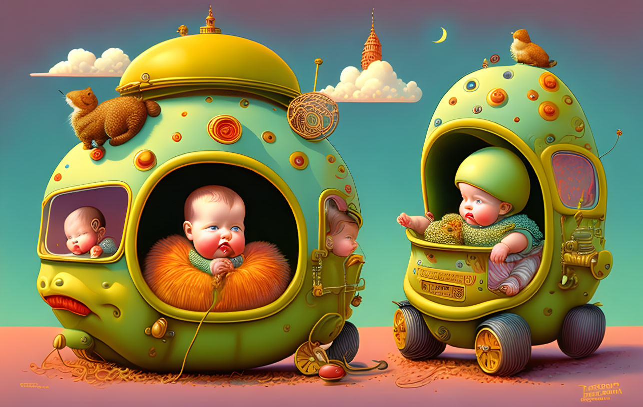 Surreal Artwork: Babies in Oversized Space Helmets with Squirrel