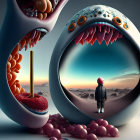 Surreal Artwork: Large Eye and Mouth with Figure and Mountain on Teal Background