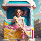 Girl in White Dress with Lollipop by Candy-Themed Bus