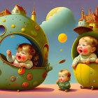 Whimsical surreal artwork with oversized baby heads in colorful setting