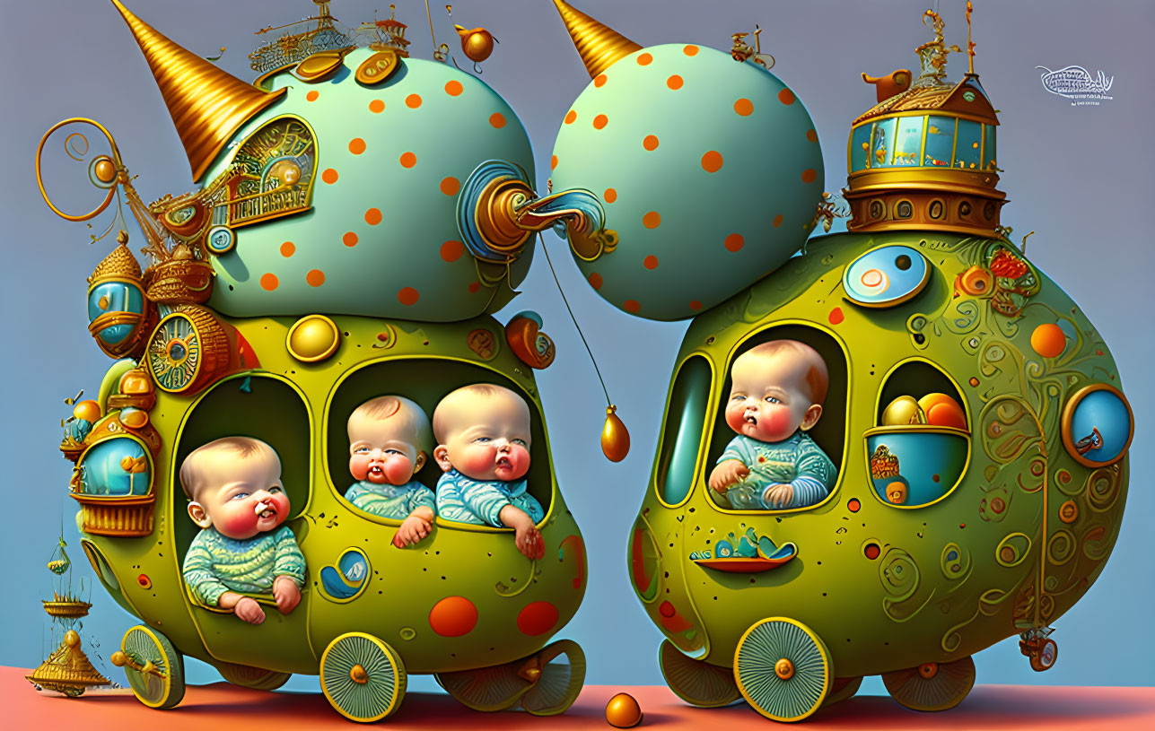 Whimsical green and blue spherical baby-faced vehicles with gold accents and polka-dot patterns on orange