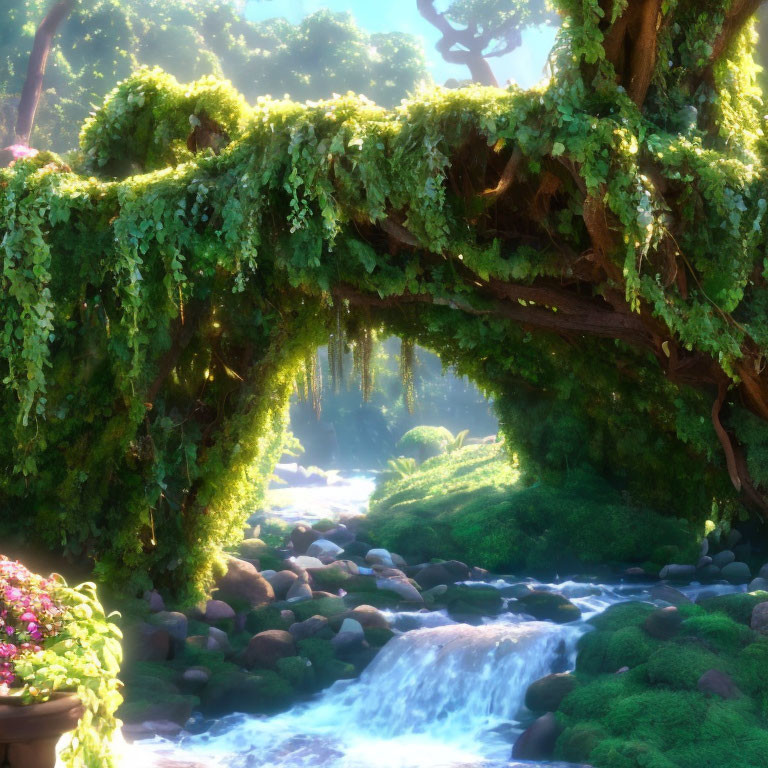 Green forest scene with stone bridge over stream in warm sunlight