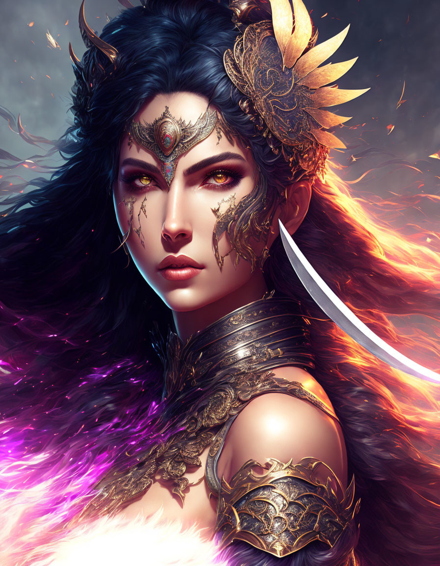 Fantasy female warrior digital artwork with dark hair and gold armor