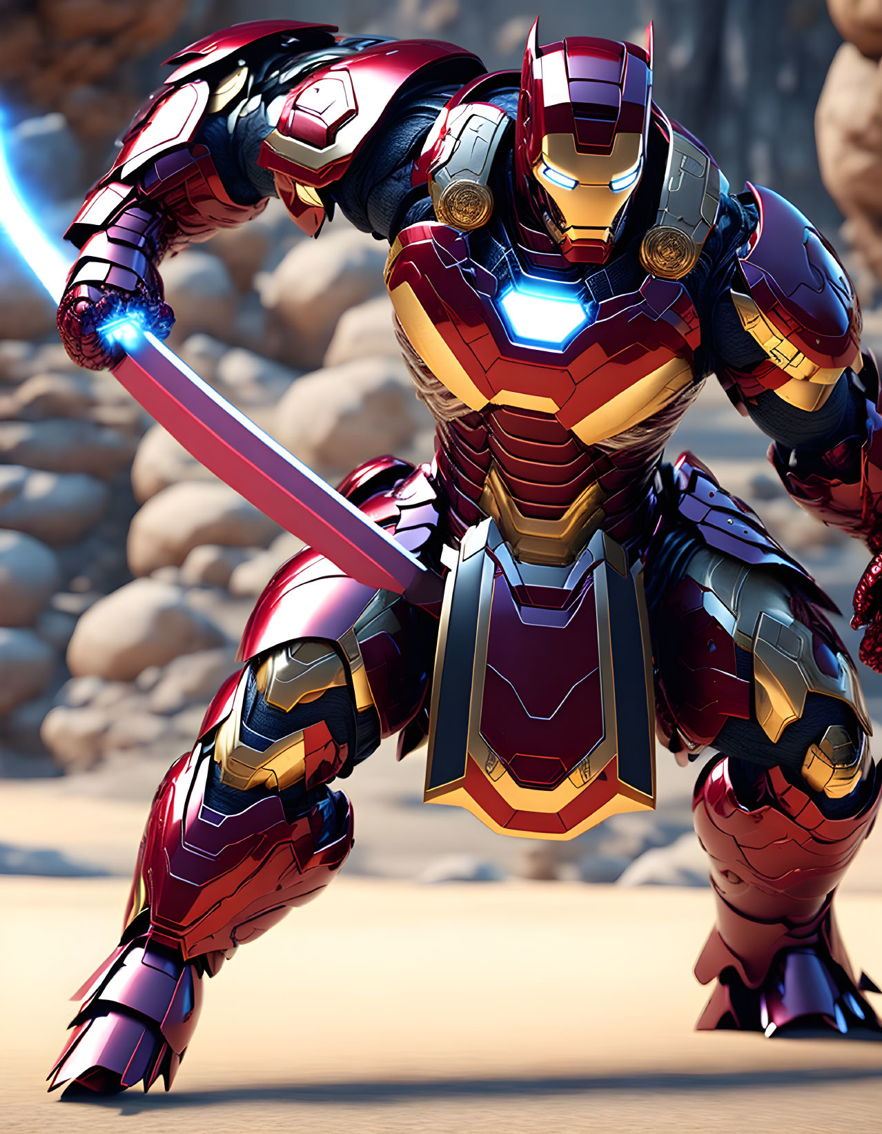 Glowing Blue Arc Reactor Iron Man Armor with Pink Energy Sword on Rocky Background
