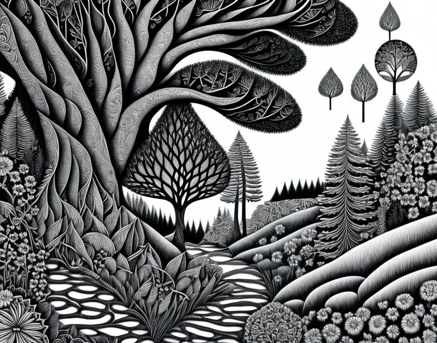 Detailed Monochromatic Forest Illustration with Tree and Plant Patterns