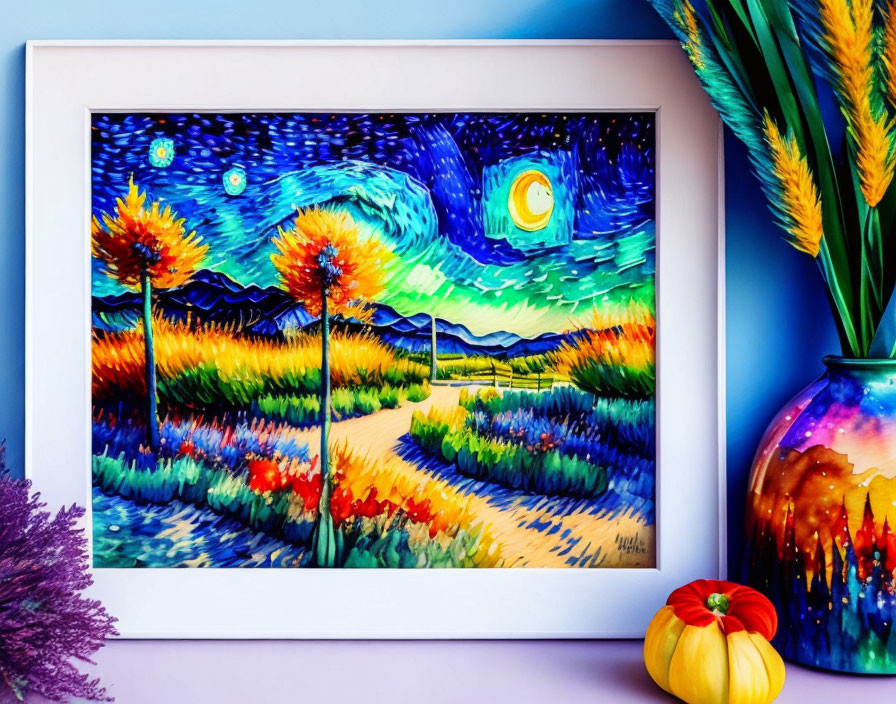 Colorful night sky painting with moon, foliage, pathway, vase, and pumpkin on table