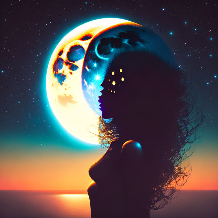 Woman's silhouette with starry hair against surreal planetary background