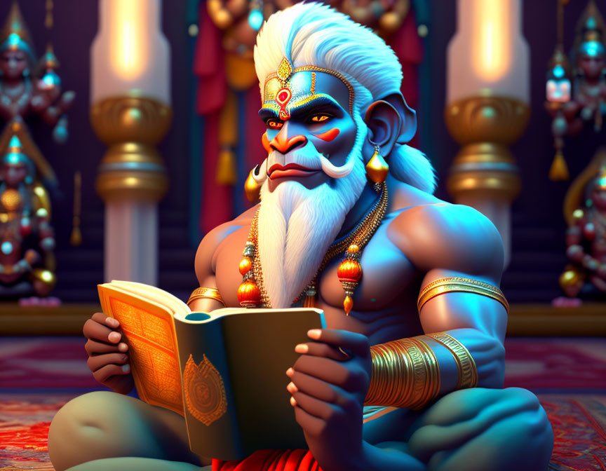 Colorful illustration of mythical ape-like figure in Indian attire reading book