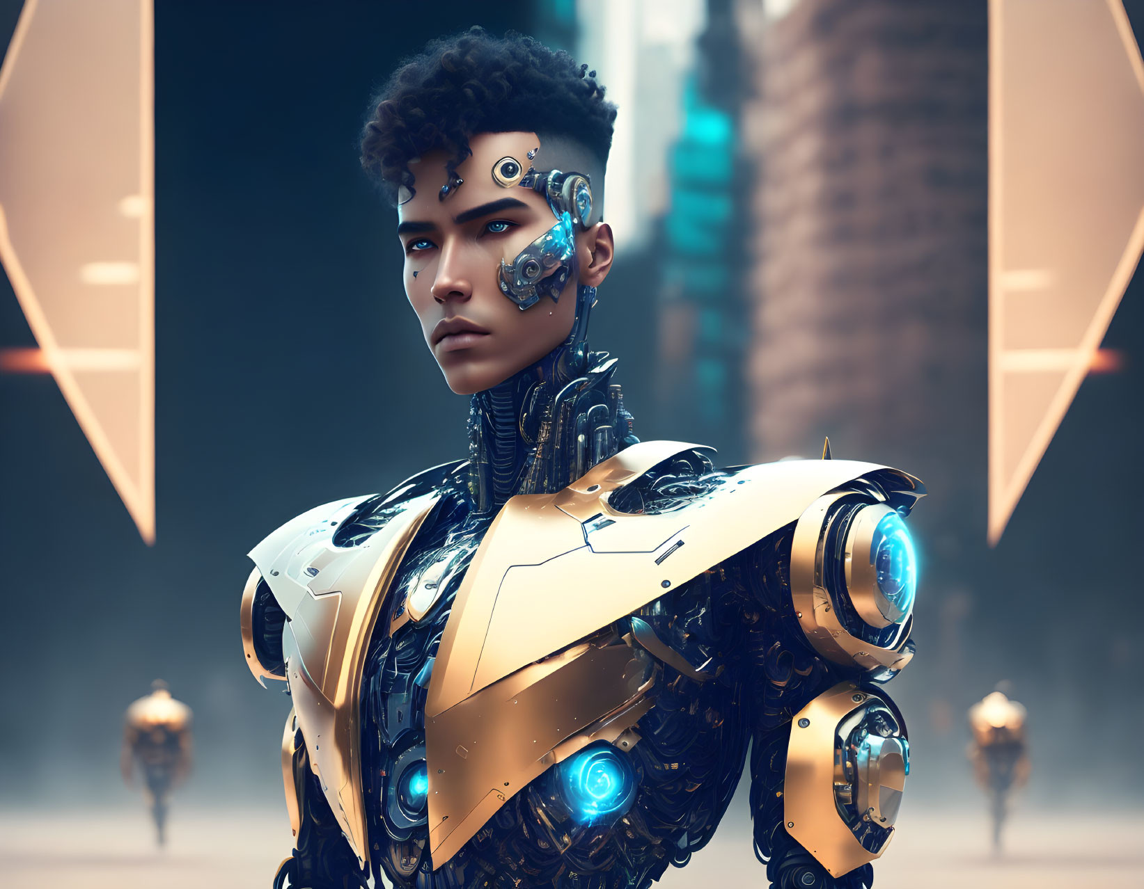 Cybernetic male figure with glowing blue elements in futuristic robotic suit.