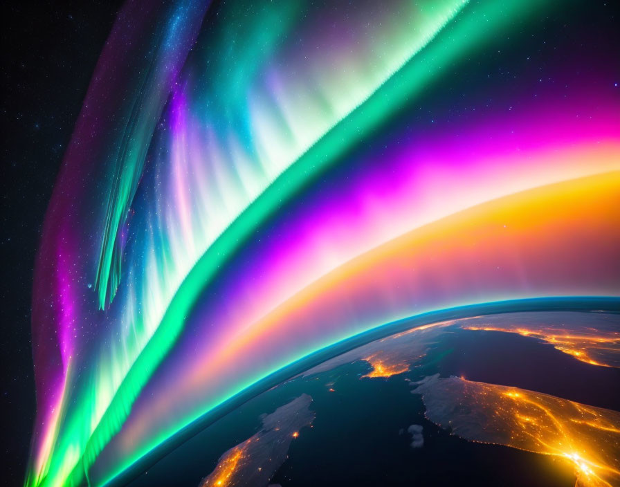 Spectral Aurora Borealis Over Earth's Curved Horizon