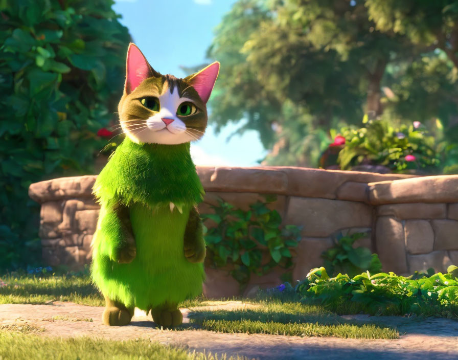 Green animated cat in human-like posture on path with floral backdrop