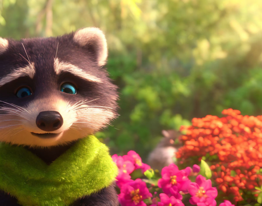 Blue-eyed animated raccoon in green scarf among vibrant flowers and foliage