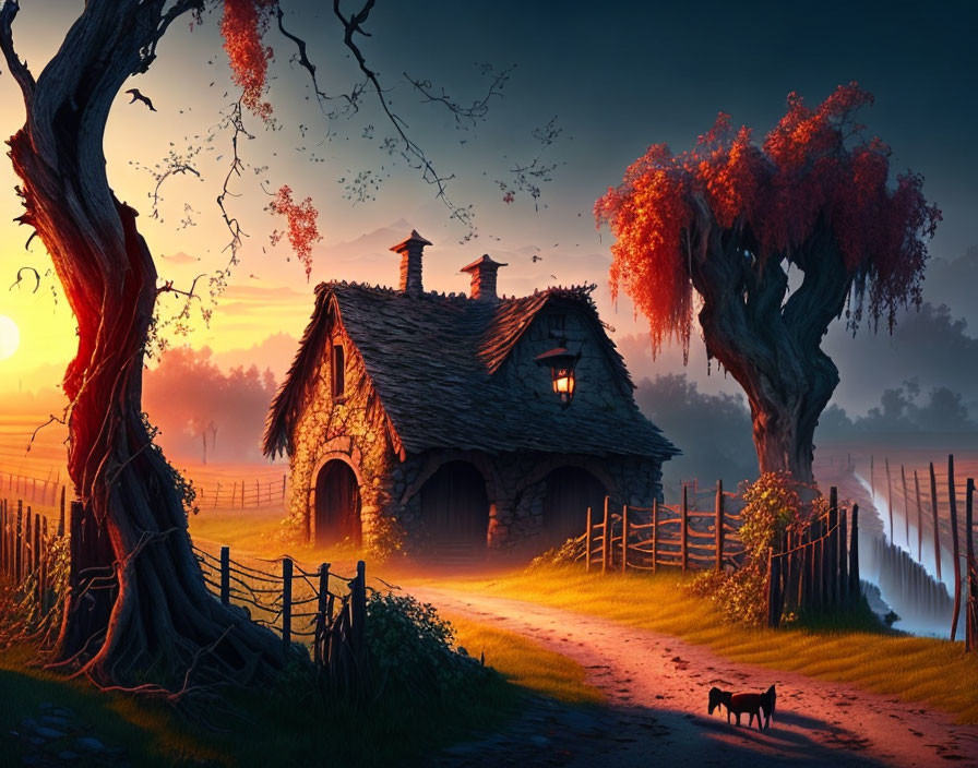 Stone cottage with thatched roof, sunset setting, twisted trees, small cat, warm glowing light.