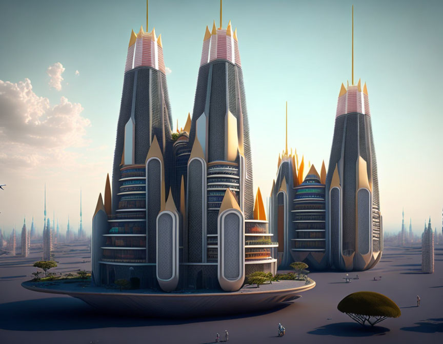 Futuristic cityscape with towering buildings on an island under clear sky