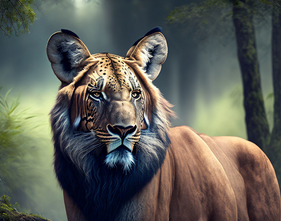 Majestic tiger in forested backdrop with soft lighting