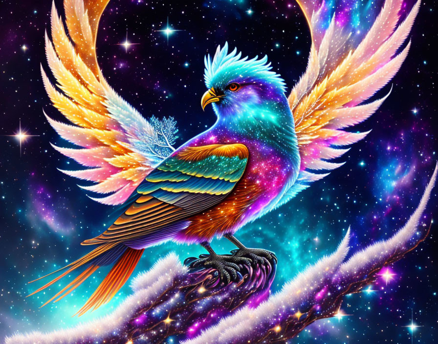 Colorful Mythical Bird Illustration Against Cosmic Backdrop