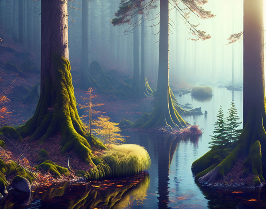 Moss-covered trees in serene forest with sunlight and mist.