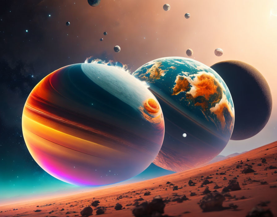 Vibrant fantasy space art with colorful planets, moons, nebula, and stars on desert-like