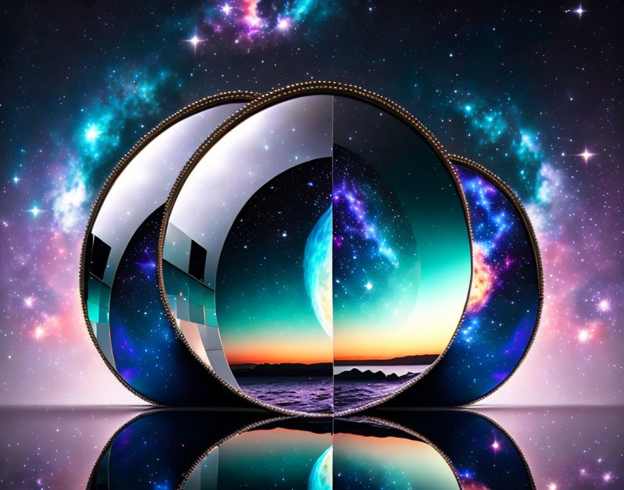 Vibrant cosmic digital art with glossy Möbius strip structure