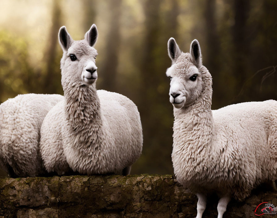 Fluffy alpacas behind stone wall in wooded setting